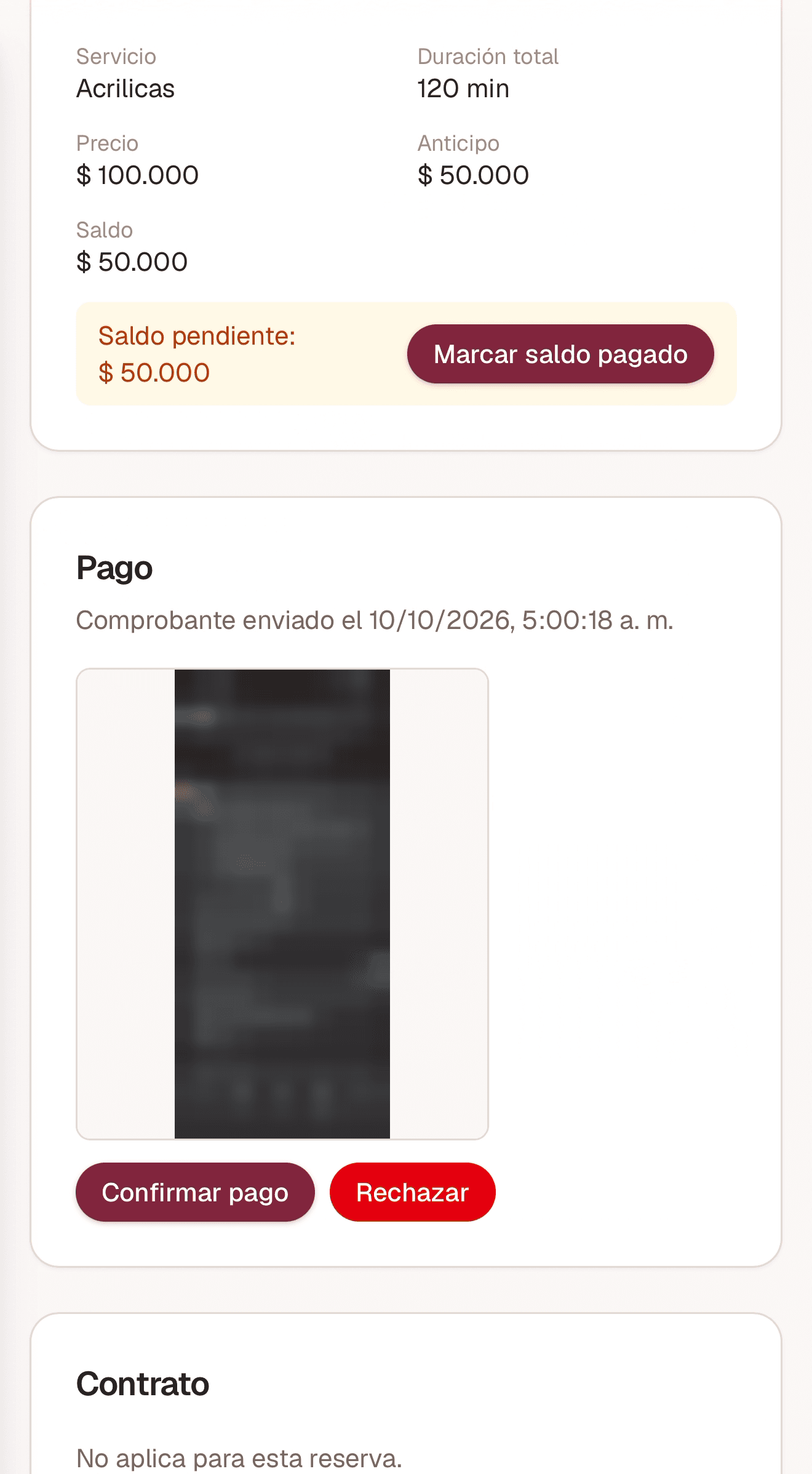 Botones para confirmar o rechazar un comprobante de pago