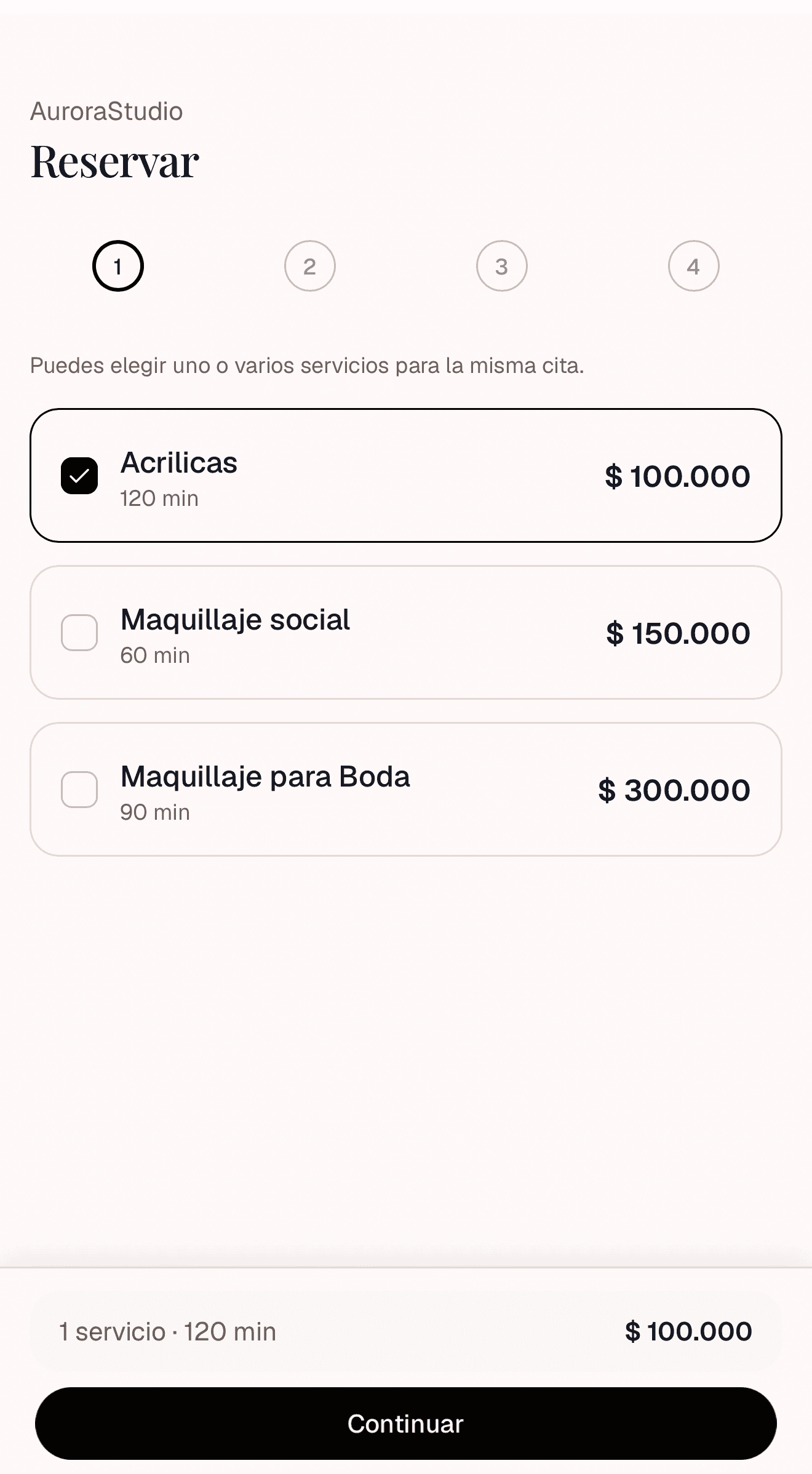 Selección de servicios con precio y duración en el flujo de reserva